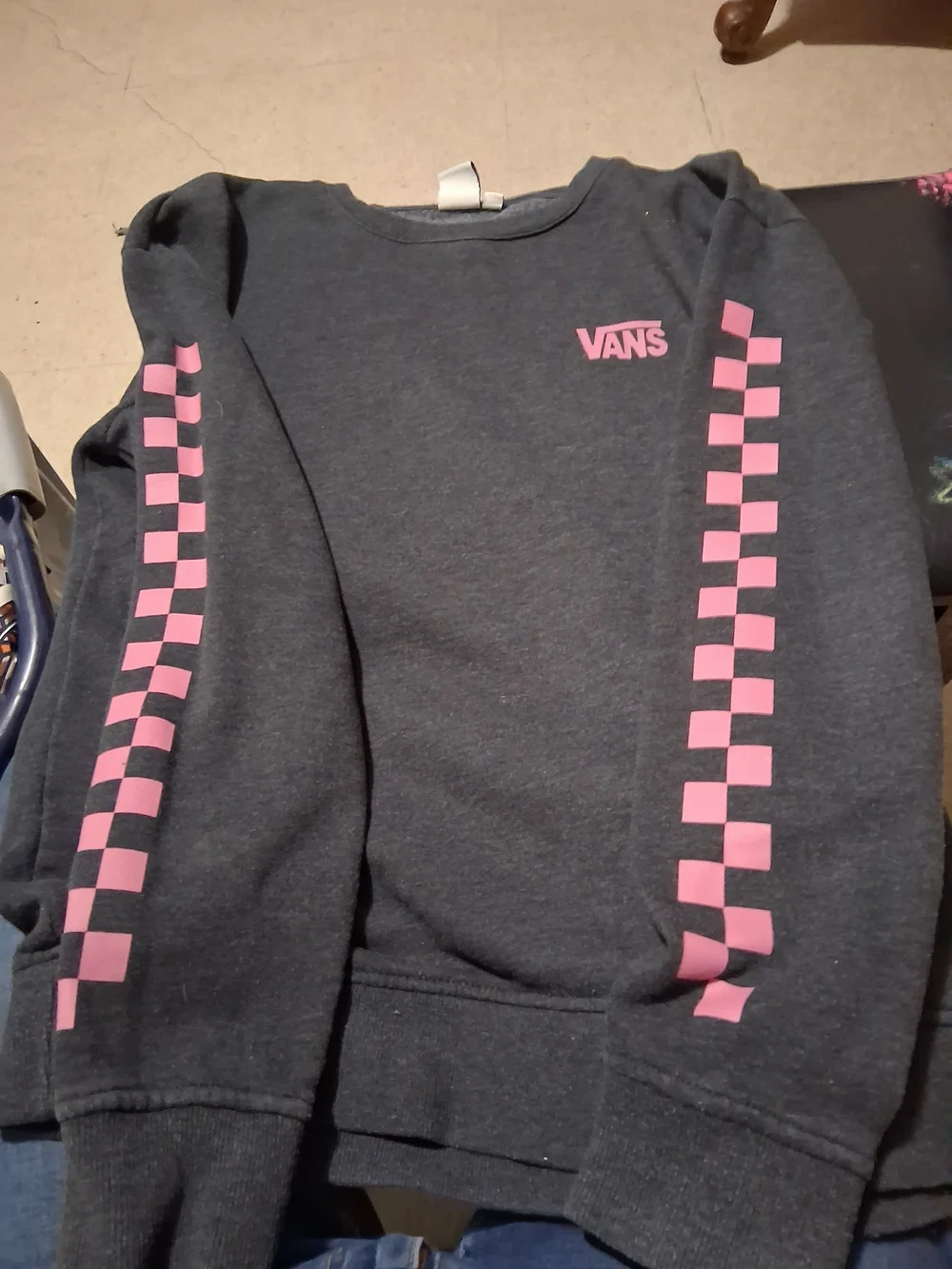 Vans Kids Charcoal Crewneck with Pink Checkerboard Sleeves